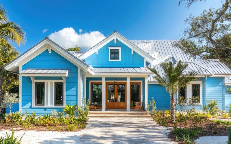 A charming blue and white home with a metal roof and a palm tree in the front yard, reminiscent of a coastal getaway.