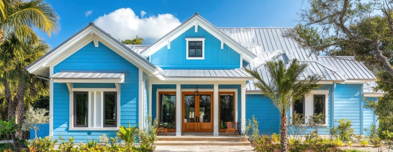 A charming blue and white home with a metal roof and a palm tree in the front yard, reminiscent of a coastal getaway.