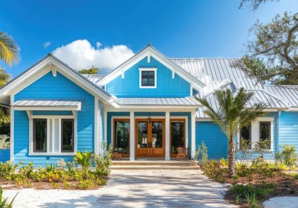 A charming blue and white home with a metal roof and a palm tree in the front yard, reminiscent of a coastal getaway.