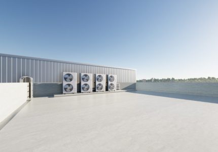 3d rendering of condenser unit or compressor on rooftop of industrial plant, factory. Unit of ac or air conditioner, hvac or heating ventilation and air conditioning system. Motor, pump and fan inside