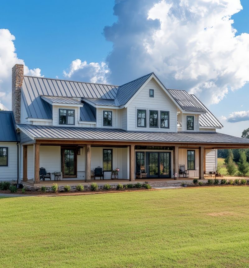 A newly constructed home with a farmhouse design, including a wraparound porch, metal roof, and traditional wooden siding.