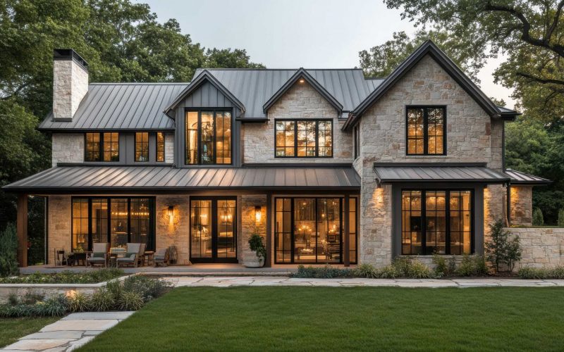 modern farmhouse exterior combines rustic charm with contemporary design, featuring a metal roof for an industrial touch