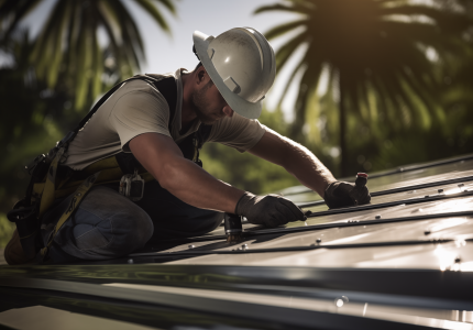 ROOFING Contractor on a metal roof job